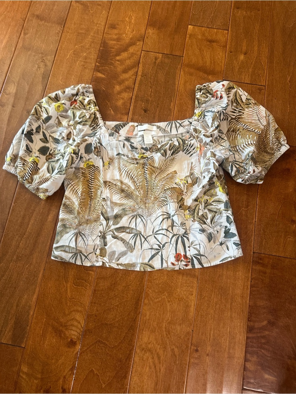 H&M Botanical Puff-Sleeve Square Neck Crop Top - White, Green & Tan